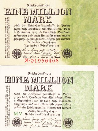 2 Different 1 000 000 Reichs Marks From Germany From 1923 Very Fine Note photo