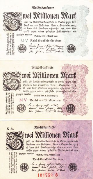 3 Different 2 000 000 Reichs Marks From Germany From 1923 Very Fine Note photo