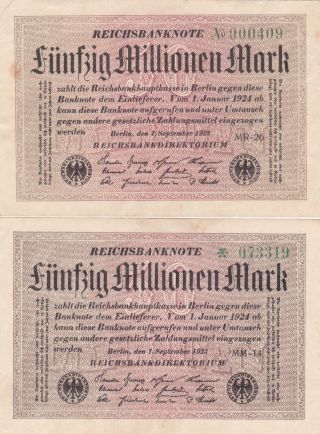 2 Different 50 000 000 Reichs Marks From Germany From 1923 Very Fine Note photo