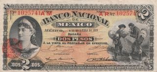 El Banco Nacional De Mexico 2 Pesos Very Fine,  Revolution - Era Banknote photo