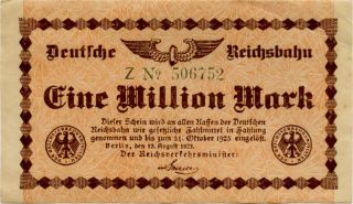 Germany 1.  000.  000 Mark 1923 Reichsbahn 506752 photo