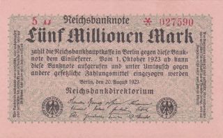 5 000 000 Reichs Marks From Germany From 1923 Very Fine Note photo