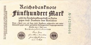 500 Reichs Marks From Germany From 1922 Very Fine Note photo