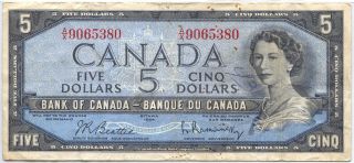 1954 Canada $5 Five Dollar Banknote A/x 9065380 photo