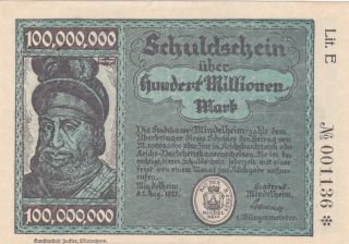 100 000 000 Marks From Germany From 1923 Extra Fine Note photo