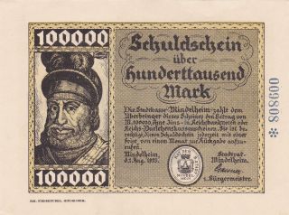 100 000 Marks From Germany From 1923 Extra Fine Note photo