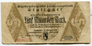 Stuttgart,  Germany 1923 5 Billion Mark Notgeld,  Circulated photo