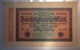 German 20000 Mark 1923 Reichsbanknote Berlin Germany Marks Old Money Note photo