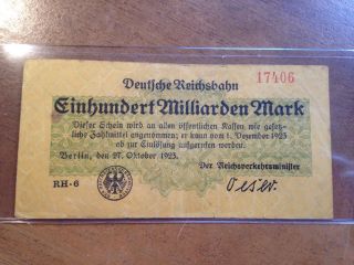 1923 Germany Berlin Deutsche Reichsbahn 100 Milliarden Mark German Railroad Note photo
