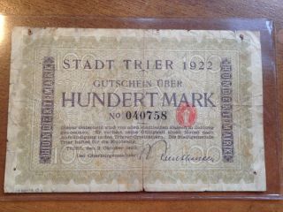Germany Stadt Trier 1922 100 Mark Banknote photo