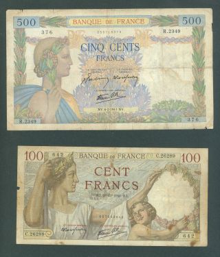3 France Banque De France 50 100 500 Francs 1939 - 1941 V/g photo