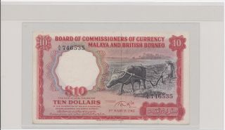 1961 Malaya And British Borneo $10 Ten Dollars Vf, photo