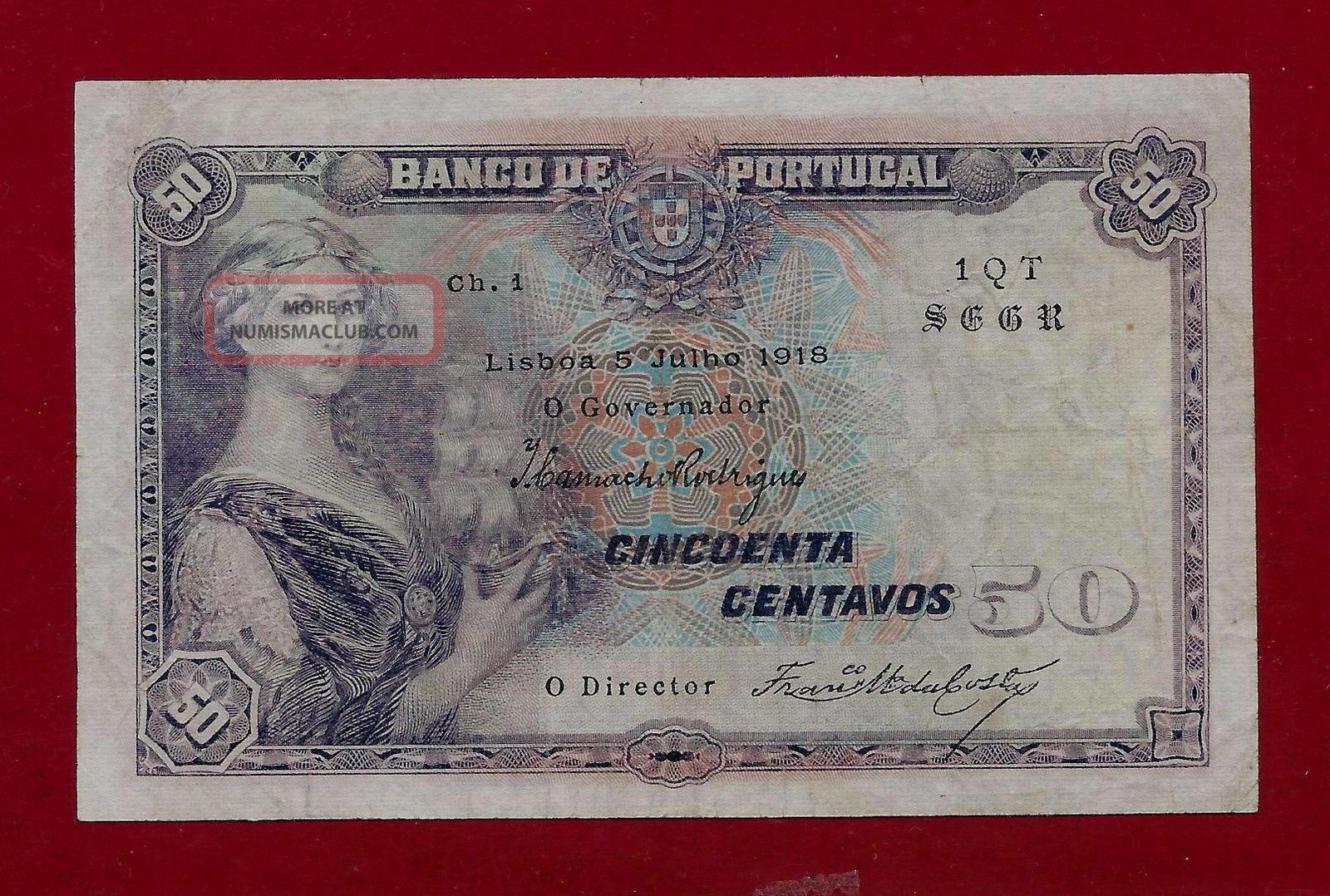 Portugal Portuguese 50 Centavos 1918 P - 112 F - Vf (spain France Germany Italy) Europe photo