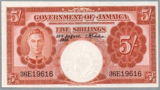 5 Shillings Jamaica Uncirculated Banknote,  15 - 08 - 1958,  Pick 37 - B photo