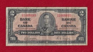 Canada,  1937,  Banknote,  2 Dollar Bill,  Circulated F/vf,  Gordon/towers photo