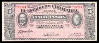 El Estado De Chihuahua 5 Pesos 2.  10.  1914,  M922h / Mi - Chi - 52.  4 Vf photo