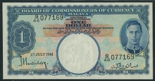 1941 Board Of Commissioners Currency Of Malaya King George Vi $1 Banknote Aunc photo