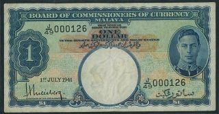 1941 Board Of Commissioners Currency Of Malaya King George Vi $1 Banknote Low No photo
