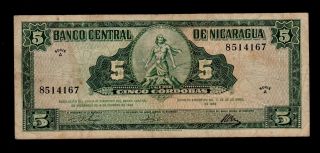 Nicaragua 5 Cordobas D.  1962 Pick 108 Fine. photo