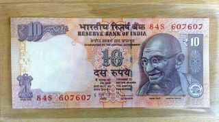 India 10 Rupees 2013,  Sl No 84s 607607 One Note Pick Unc Repeater Numbers, photo