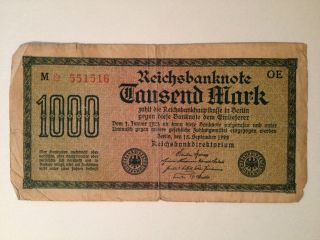 Post Ww1 Germany 1922 Weimar Republic 1,  000 Mark Reichsbanknote Hyperinflation photo