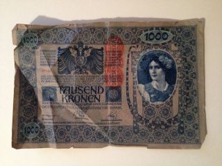 1902 Austro - Hungarian Empire 1000 Kronen Banknote Deutschosterriech Stamped photo