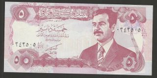 5 Iraqi Dinars Bank Note 1992 P80c Saddam Hussein Image photo