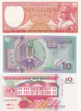 3 Different 10 Gulden From Suriname Extra Fine - Aunc Note photo