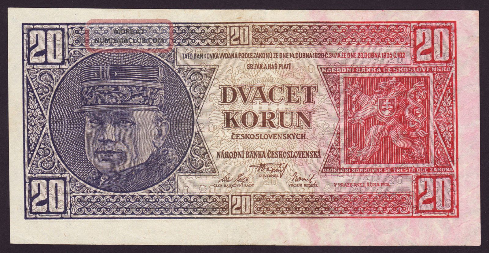 Czechoslovakia - 20 Korun,  1926 - Vf - Avf Europe photo