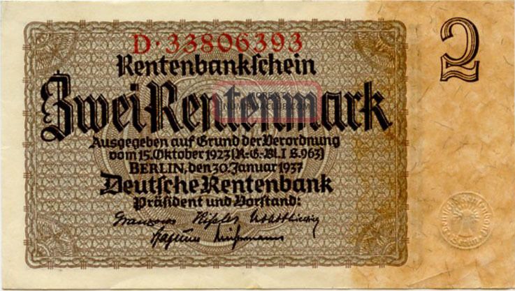 Nazi Germany 2 Rentenmark 1937 D33806393 Europe photo