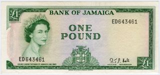 Jamaica 1964 - 66 Qn.  Elizabeth Ii 1 Pound Note,  Scarce Crisp Au.  Pick 51cc. photo