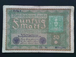 Germany 50 Mark Banknote Circulated 1919 P - 66/ Ro - 62c - Reihe 3 - F - Vf photo