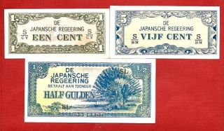 Netherlands Indies 1,  5 Cent,  1/2 Gulden P119 - 20,  122 Unc (1942) Japanese Occ Wwii photo