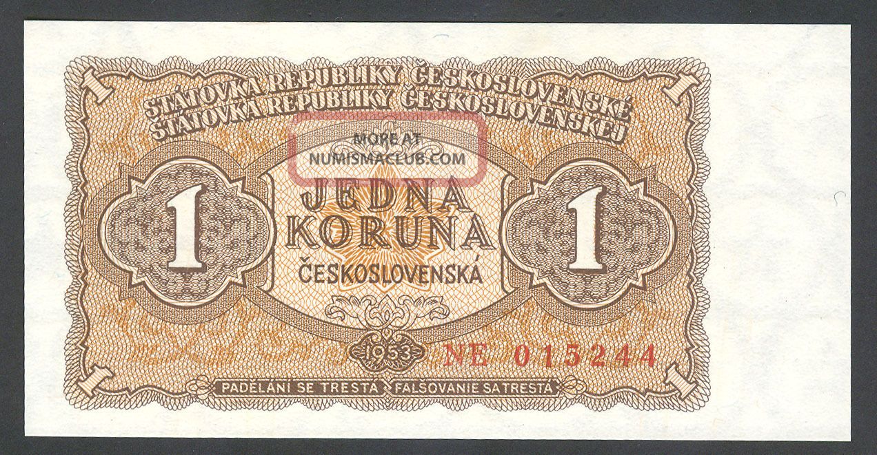 Czechoslovakia - 1 Koruna Korun Československých 1953 Note Banknote P 78b (unc) Europe photo