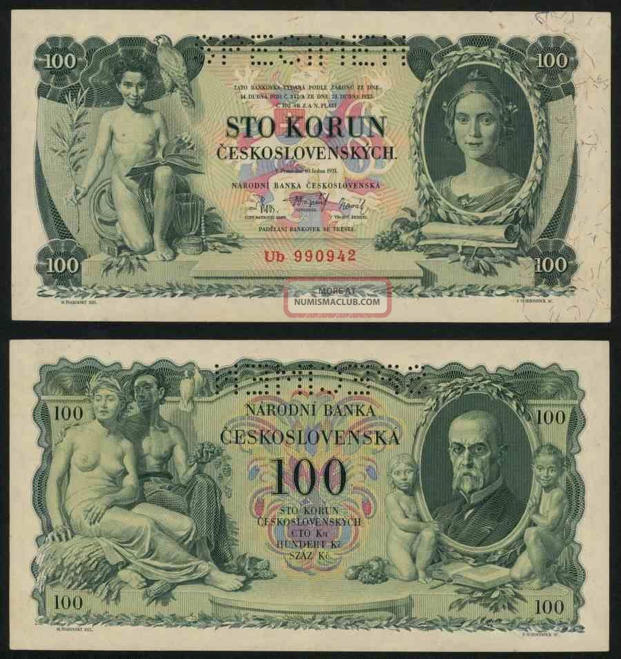 Currency 1931 Czechoslovakia 100 Korun Specimen Banknote P 23s President Masaryk Europe photo