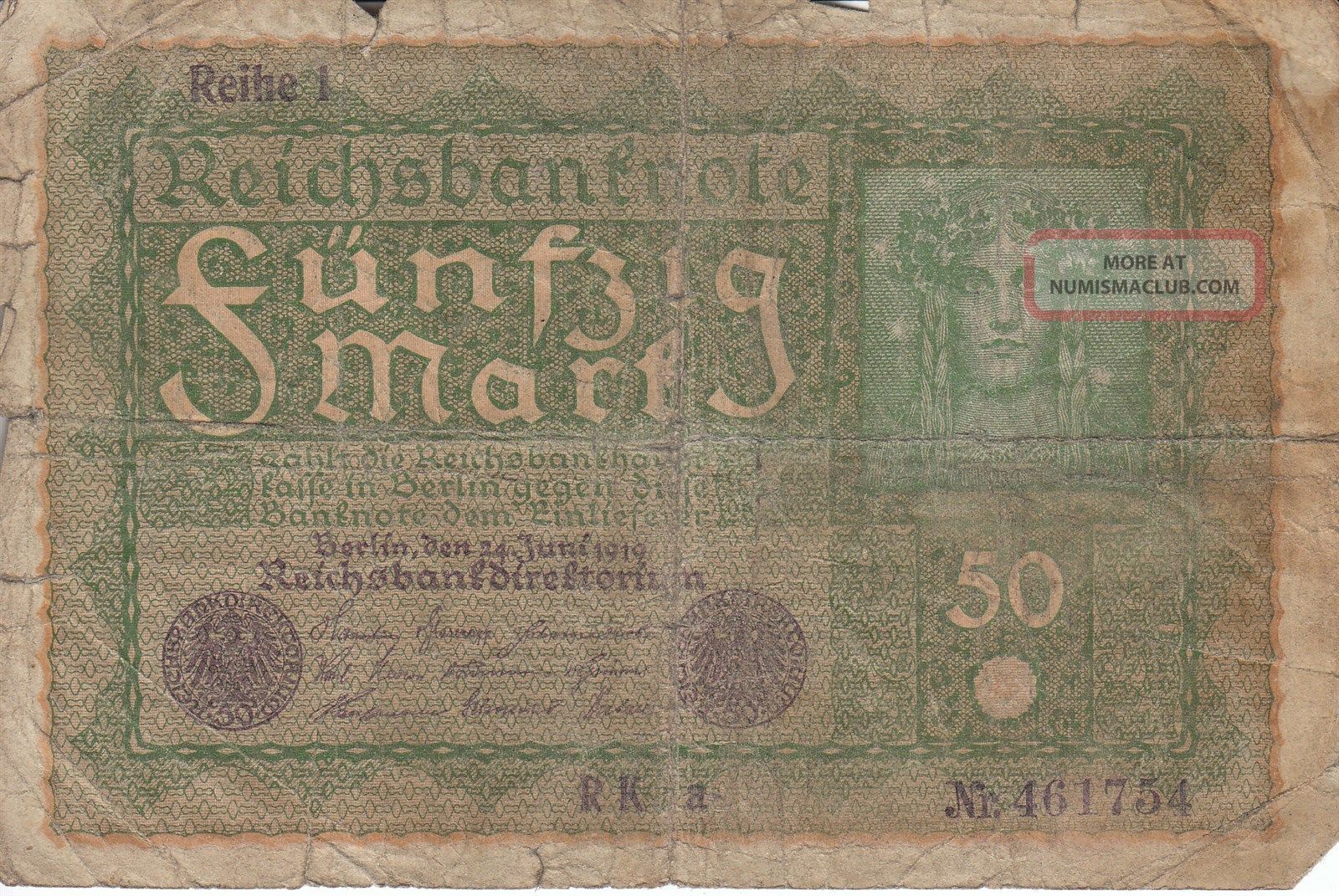 Currency Germany Reich 1919 Banknote Money 50 Funfzig Mark Poor