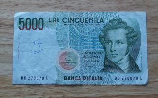 1985 Italy 5000 Lira Banknote World Paper Money Currency photo