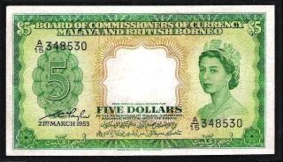 1953 Board Of Commissioners Of Currency Malaya & Borneo Queen Elizabeth $5 Qe photo