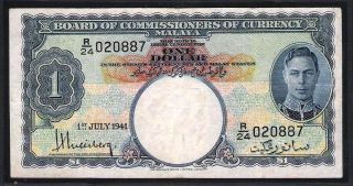 1941 Board Of Commissioners Currency Of Malaya King George Vi $1 Banknote photo
