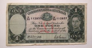 1942 Commonwealth Of Australia £1 Banknote Armitage Macfarlane Prefix H/35 photo