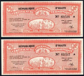 Haiti Two 5 Gourde Certificat De Liberation Au Pick 501 - 821516 A To 821517 A photo