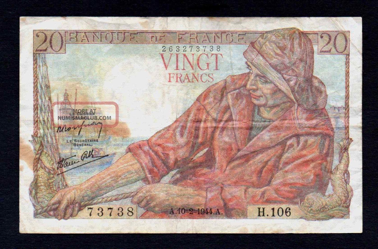 20 Francs 10 - 2 - 1944 Wwii Banque De France Europe photo
