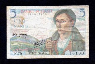 5 Francs 25 - 11 - 1943 Wwii Banque De France photo