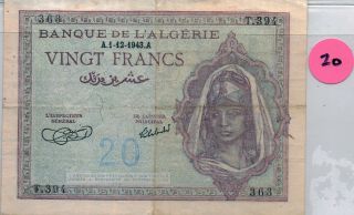 1943 Banque De L ' Algerie 20 Francs Banknote.  French Protectoret Ww2 photo