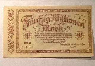 German 50 Millionen Mark Note 1923 Million Germany Railroad Marks Old Money photo
