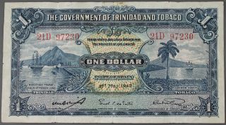 Trinidad And Tobaco 1942 1 Dollar Banknote Currency Vf Pick 5c photo