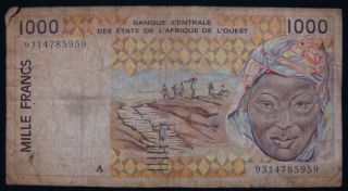 Ivory Coast West African States 1000 Francs A,  Pick 111a photo