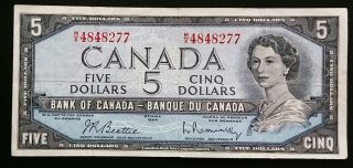1954 $5 Bank Of Canada Bank Note - Beattie/rasminsky - Serial: M/x4848277 photo