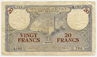 Morocco 1941 Issue 20 Francs,  Scarce Note Crisp.  Pick 18b. photo