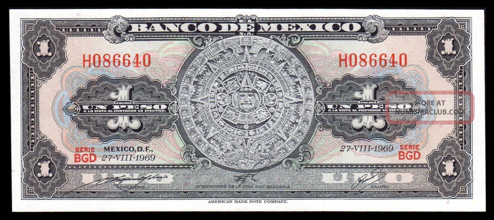 El Banco De Mexico 1 Peso Aztec Calendar Series Bgd 27 Viii 1969 P